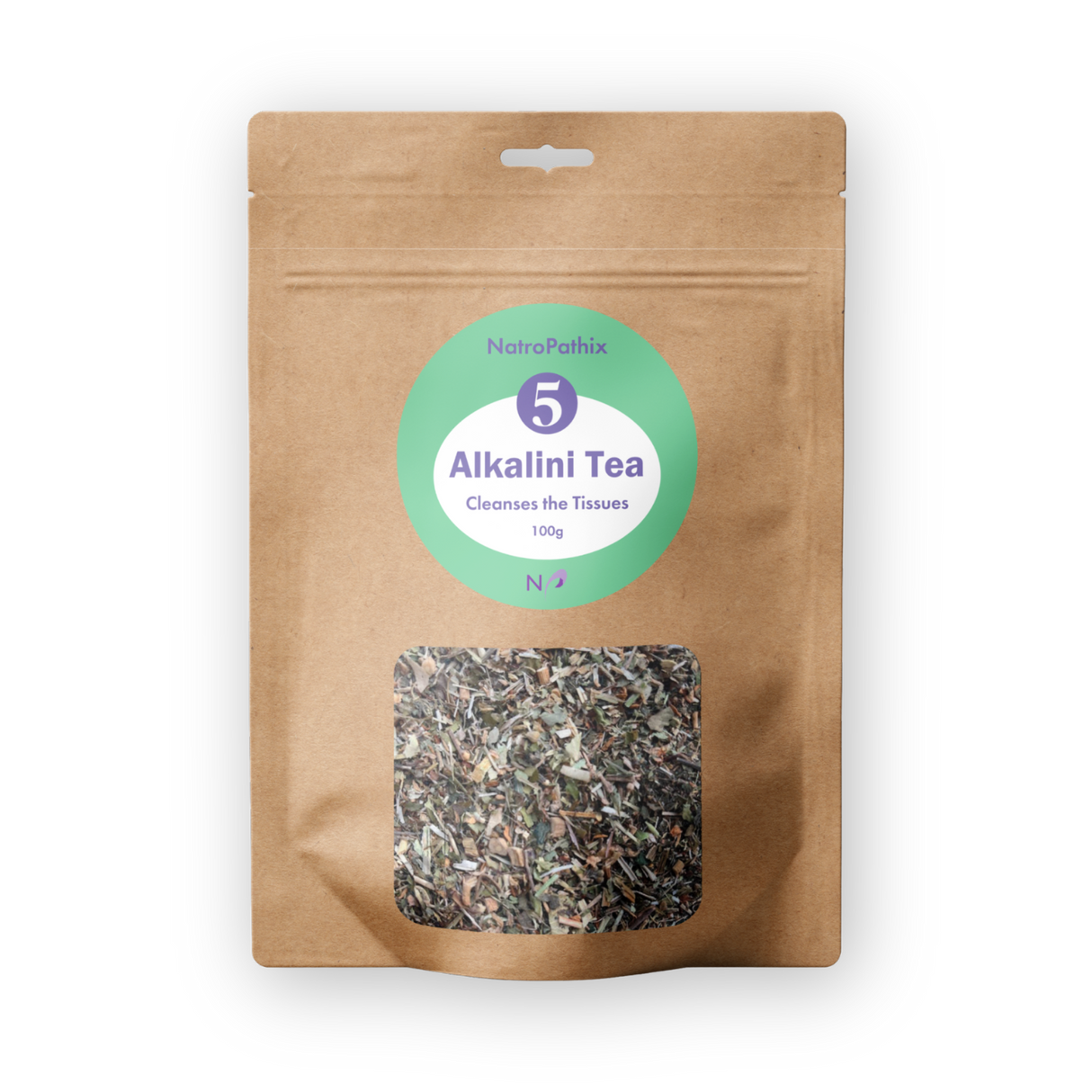 A brown resealable pouch labeled "AlkaliniTea - 100gms" with loose tea leaves visible through a clear window, designed to support detoxification and promote pH balance.