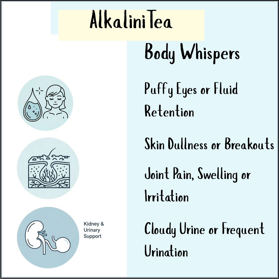 AlkaliniTea - 100gms infographic highlights signs such as puffy eyes, skin breakouts, joint pain, and cloudy urine—learn how this diuretic herbal formula may help detoxification and support healthy pH balance.