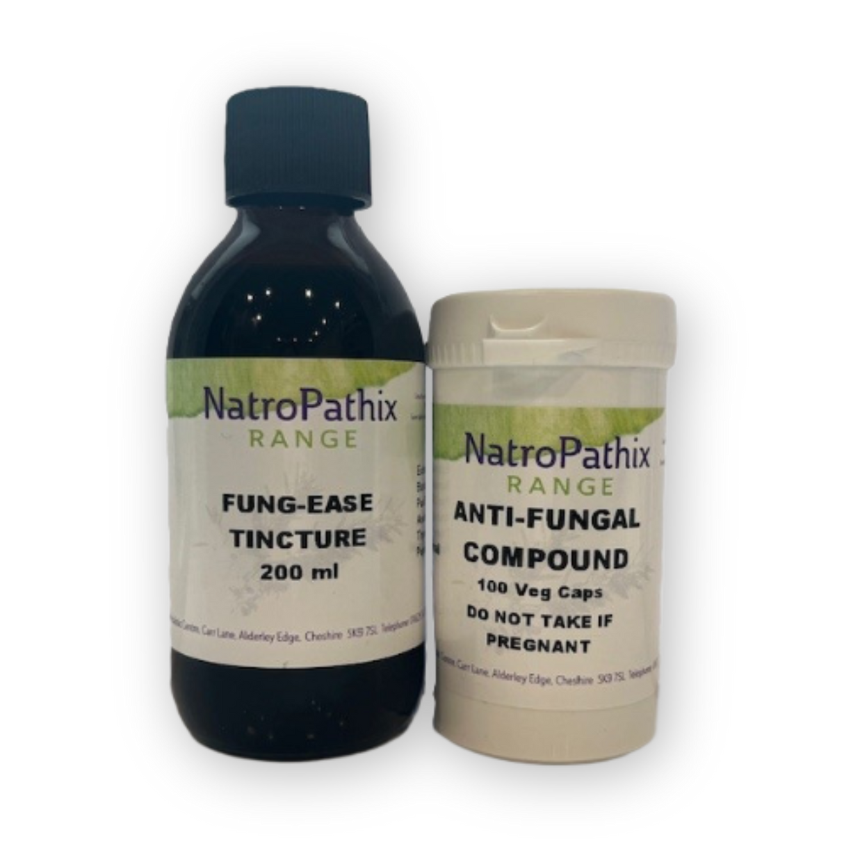 Two bottles of Anti-Fungal Combination: Fung-Ease tincture (200ml) and Anti-fungal capsules (100 veg caps), formulated to help manage fungal overgrowth.