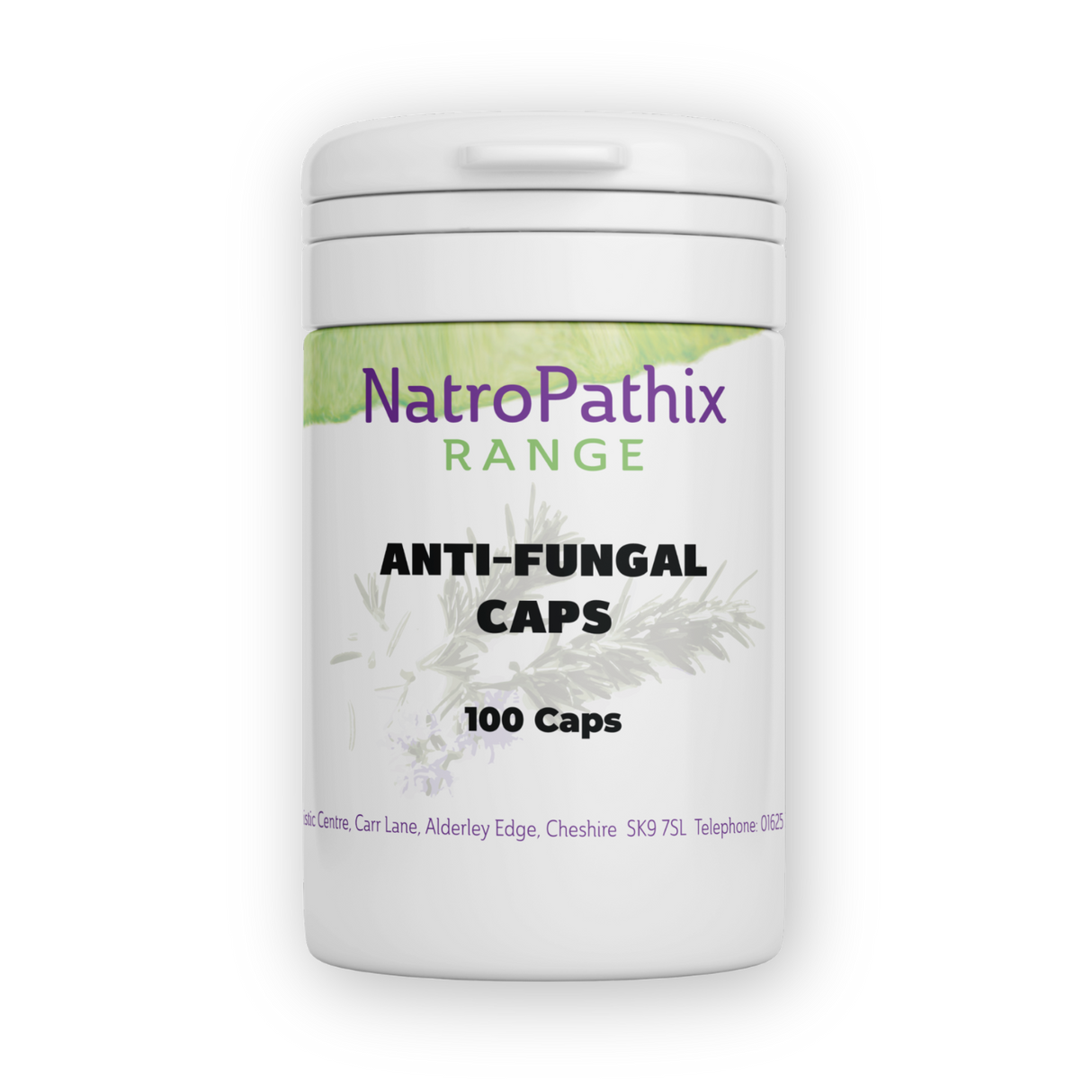 White bottle labeled "Anti-Fungal Compound - 100 Caps" with subtle plant graphics, formulated to help manage yeast and candida overgrowth.