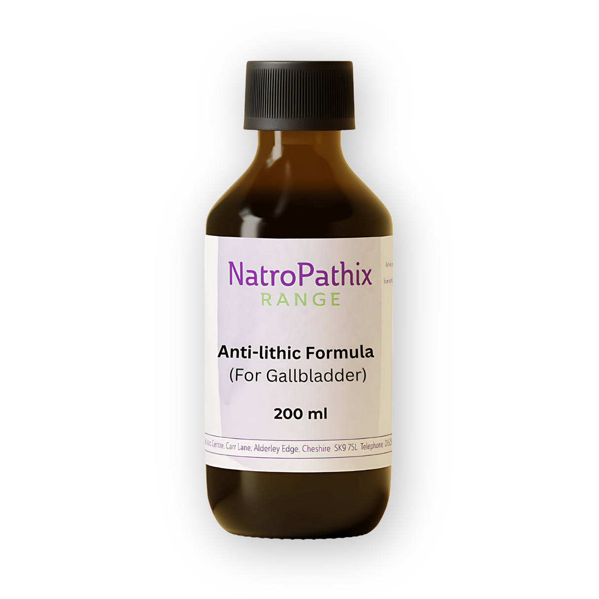 Brown bottle labeled "Gallbladder Antilithic Tincture - 200 ml" on a plain background, designed to support the gallbladder and promote healthy bile flow.