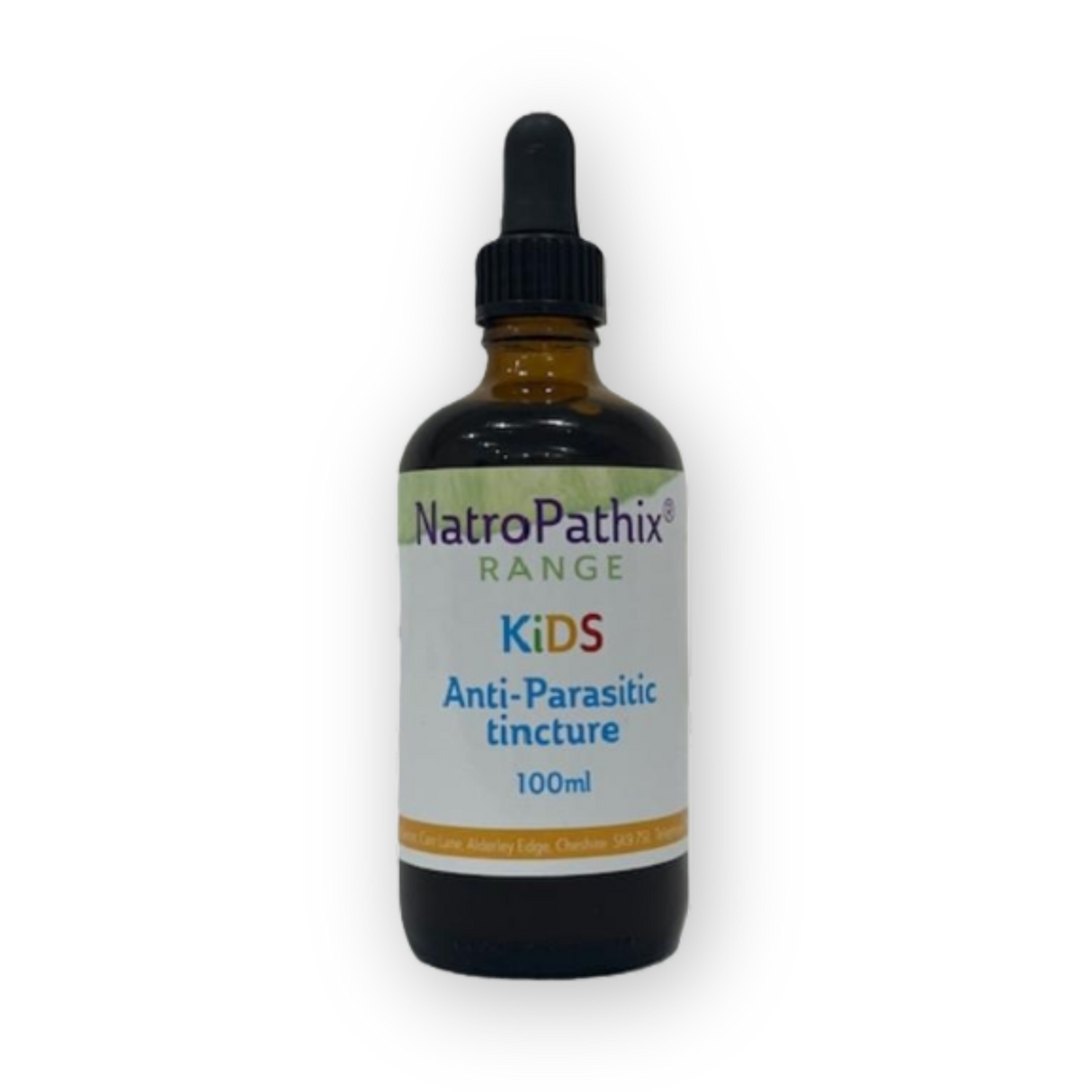 A brown dropper bottle labeled “Anti-Parasitic Tincture For Kids” on a white background, featuring a natural parasite remedy formulated specifically as an anti-parasitic for children.