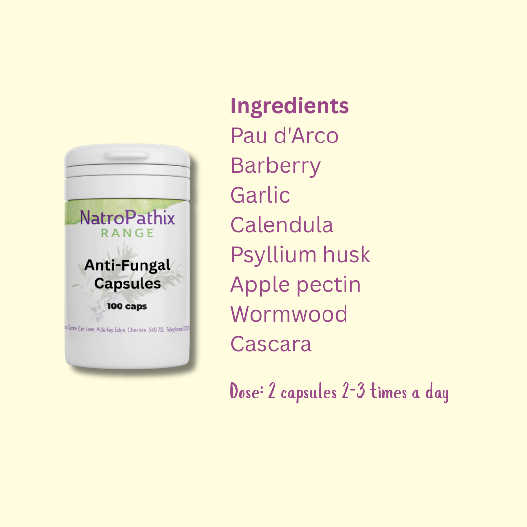 A bottle of Anti-Fungal Compound - 100 Caps, specially formulated with herbal ingredients to help combat candida overgrowth and featuring clear dosage instructions.