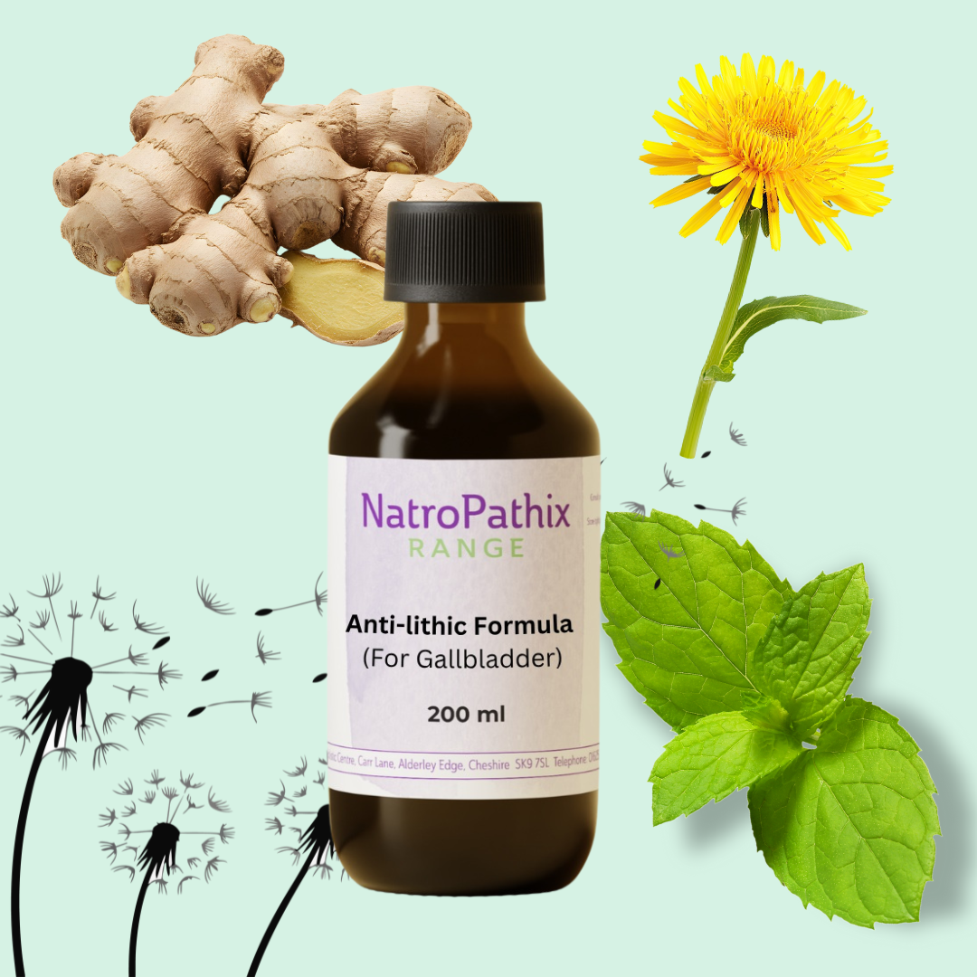 A bottle of "Gallbladder Antilithic Tincture - 200/300ml" sits among ginger, mint, and dandelion flowers—ideal for anyone seeking gentle gallbladder support and healthy bile flow.