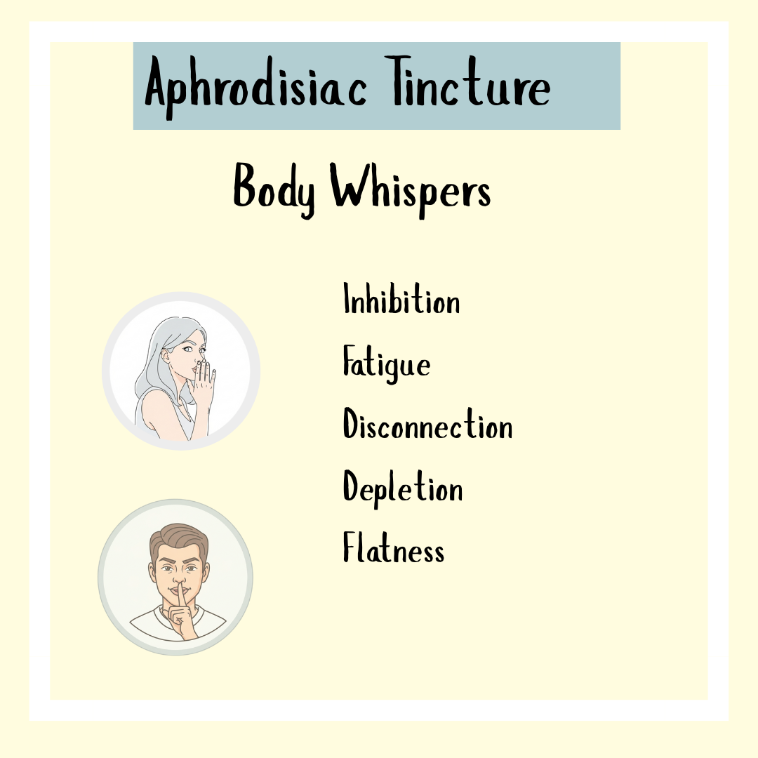 The chart titled "Aphrodisiac Formula for Women - 100ml" lists signs like inhibition, fatigue, disconnection, depletion, and flatness—common reasons women seek an herbal sex tonic or libido booster.