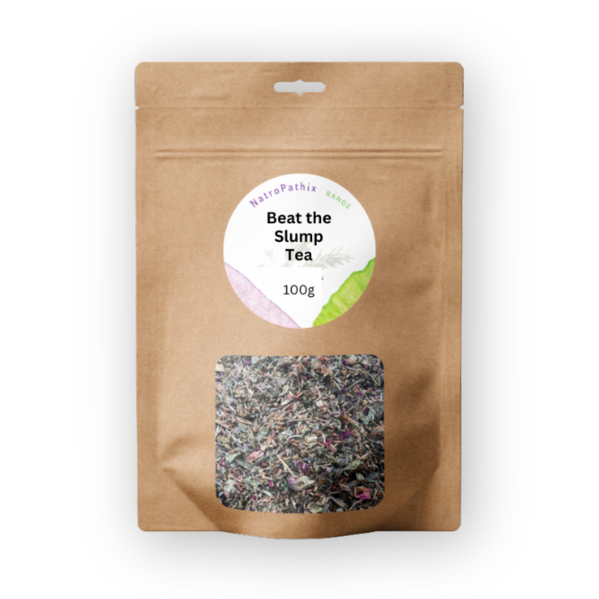 Brown pouch labeled "Beat-The-Slump Tea - 100 gms" with a clear window revealing loose tea leaves—formulated to help support blood sugar balance and maintain natural energy all day.