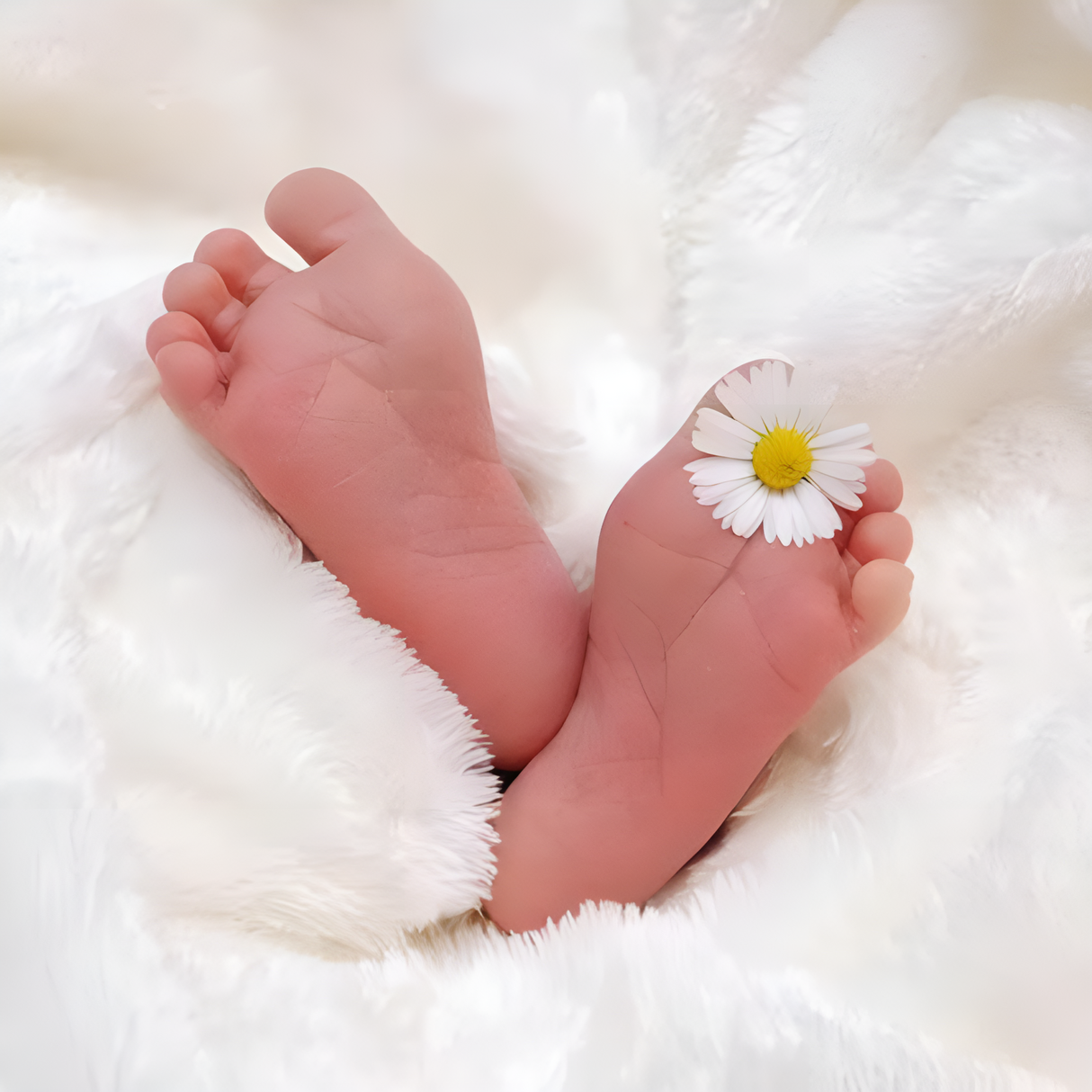A baby's feet rest on a soft white blanket with a daisy on one foot, symbolizing the gentle care and support offered by the Birthing Kit Combination for uterine health.