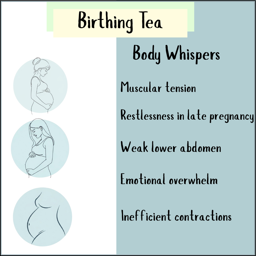 Birthing Tea - 100 gms offers gentle uterine support for pregnant women, helping ease tension, restlessness, weakness, overwhelm, and contractions—promoting comfort and preparation for birth.
