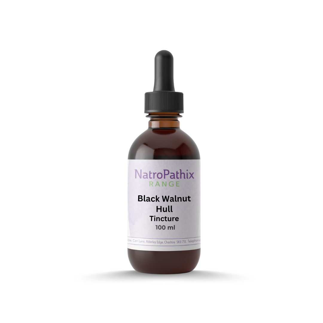 A brown glass dropper bottle labeled "Black Walnut tincture - 100ml" on a white background, ideal for digestive health support and use in parasite cleanses.