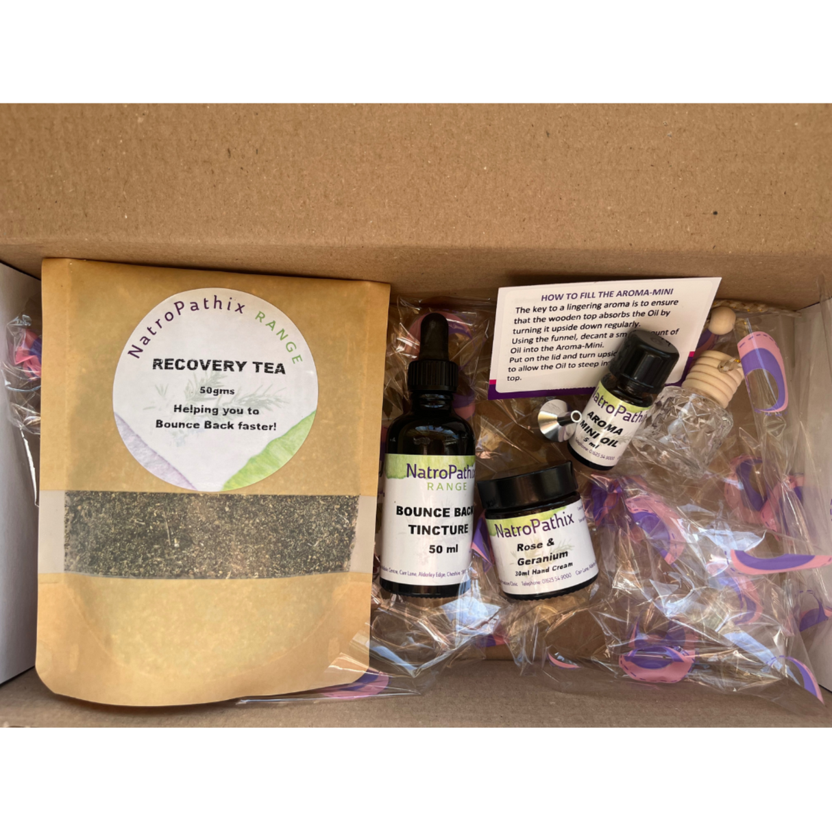 The Bounce Back Kit - Get Well Faster! includes Recovery Tea, immune-boosting Bounce Back Tincture, essential oil, and aromatherapy items from Natropathix.