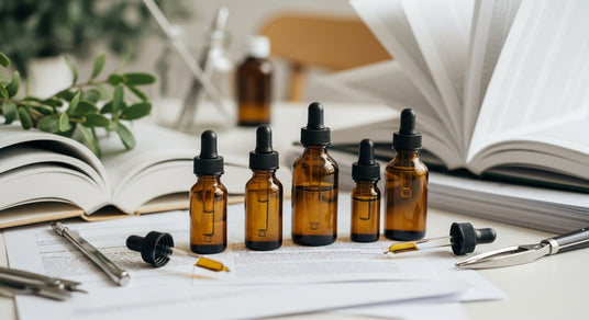 Set of brown glass dropper bottles on a desk with books and stationery in the background