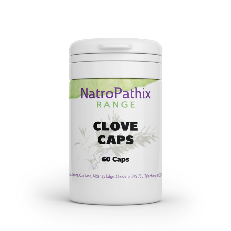 White bottle labeled "Clove - 120 capsules" with a green and purple design, ideal as an antioxidant supplement. These Clove capsules may support a parasite cleanse for overall wellness.