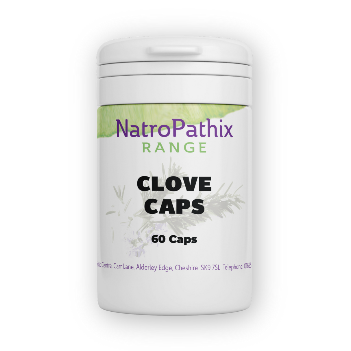 White bottle labeled “Clove tablets - 120 capsules” with green and purple text, containing clove capsules known for natural anti-inflammatory benefits, often used in parasite cleanses.