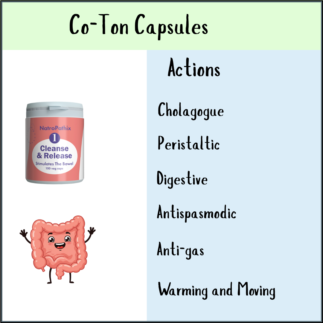 A bottle of Co-Ton Original - 100 Caps, a smiling cartoon intestine, and action points promoting healthy bowel movements on a blue background.
