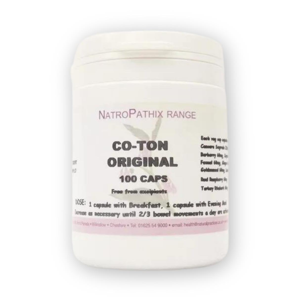 Co-Ton Original - 100 Caps from the NatroPathix Range, a herbal formula designed to support regular bowel movements and reduce bloating, with clear dosage instructions on the label.
