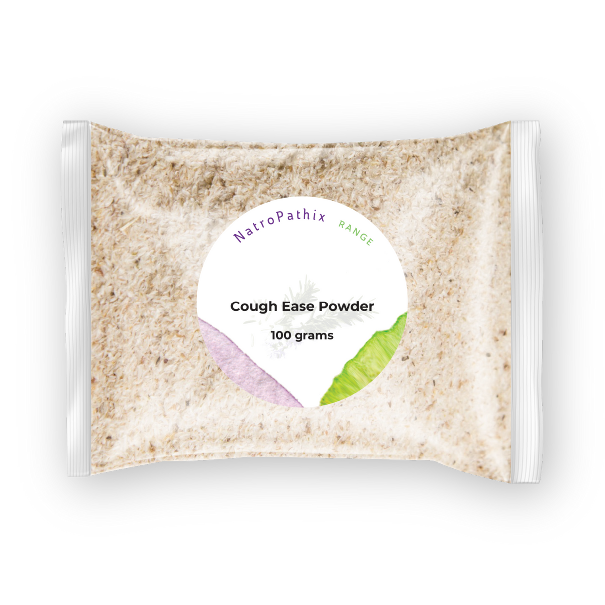 A close-up of a packet of Cough-Ease Powder - 100g, an herbal remedy crafted for effective dry cough relief.