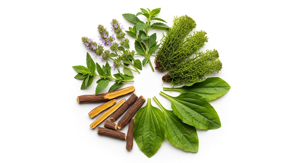 Cough-Ease Powder - 100g, a blend of healing herbs and roots for dry cough relief, is displayed in a circular arrangement on a white background.