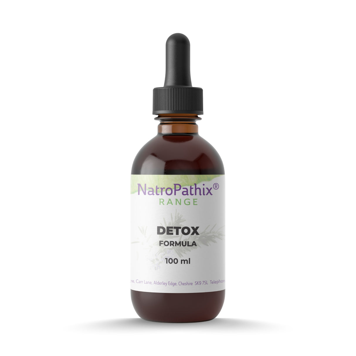 A brown dropper bottle labeled "Detox Formula - 100ml" sits on a white background, featuring an herbal tincture formulated for liver and gall bladder support.