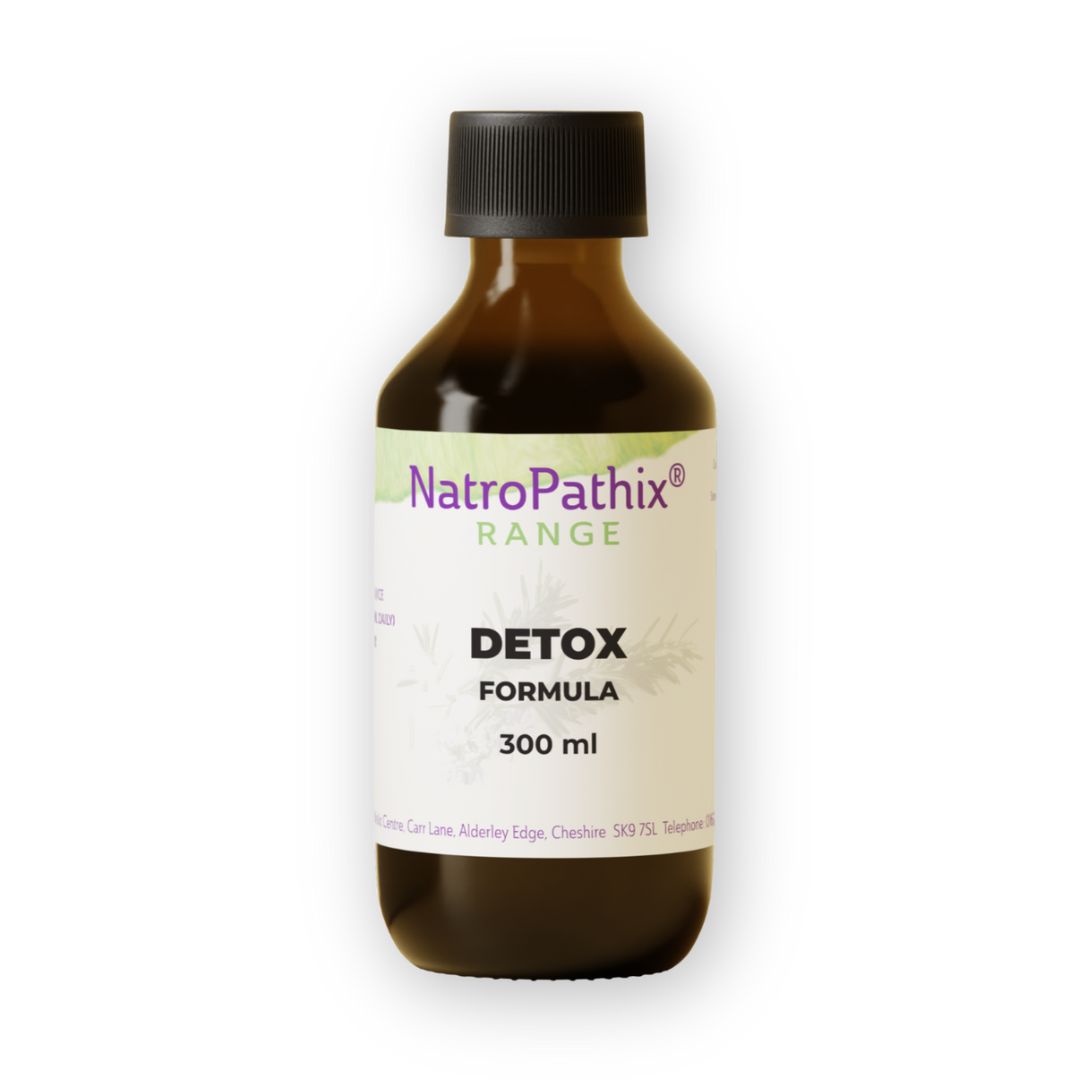 Brown bottle labeled "Detox Formula - 300ml" with a black cap on a white background, featuring a herbal tincture for liver support and gall bladder cleanse.