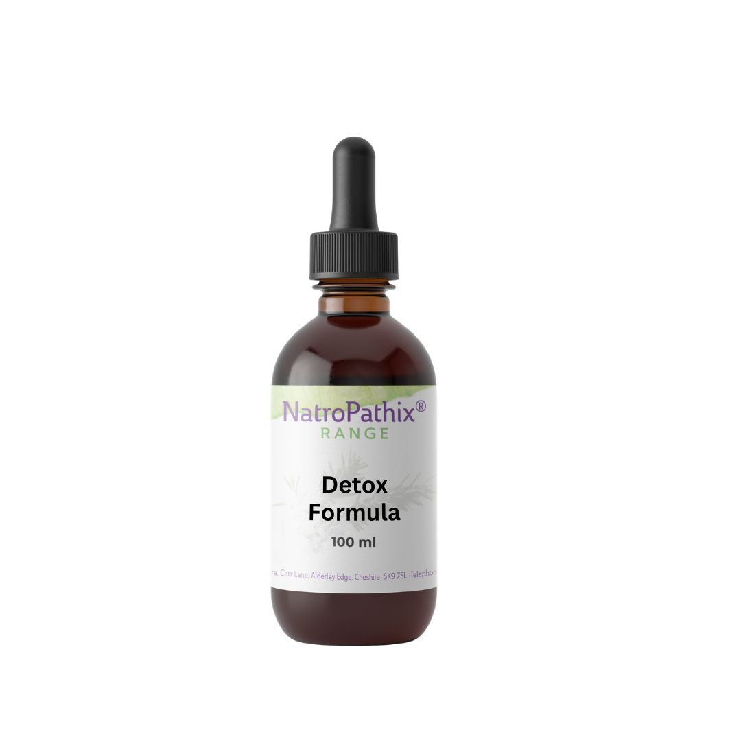 A brown glass dropper bottle labeled "Detox Formula - 100ml" from the NatroPathix Range, this herbal tincture supports natural liver and gall bladder detox.