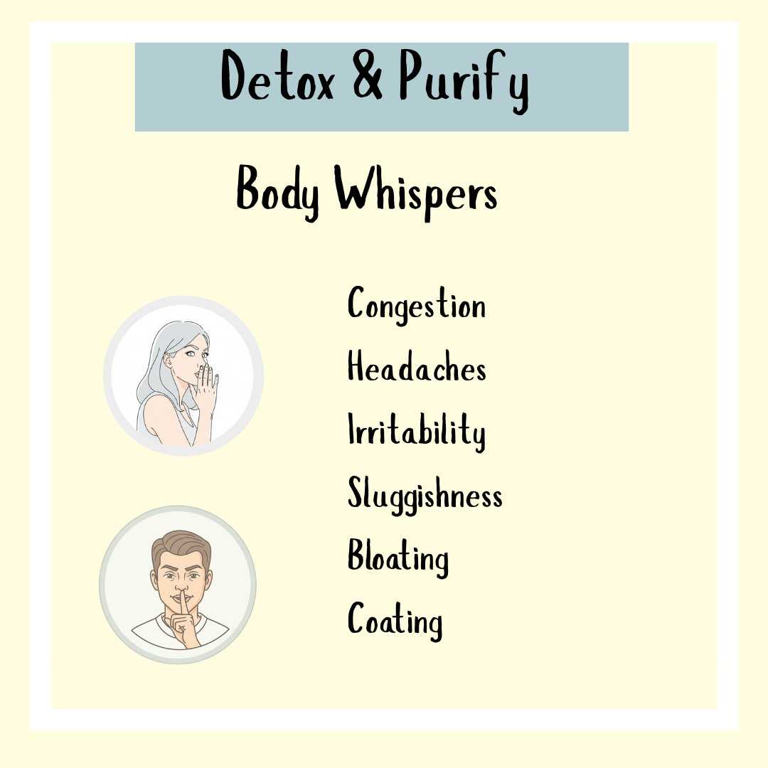 The "Detox & Purify Formula - 200ml" infographic lists symptoms like congestion, headaches, irritability, sluggishness, and bloating—showing how this detox cleanse supports the liver and enhances overall wellness.