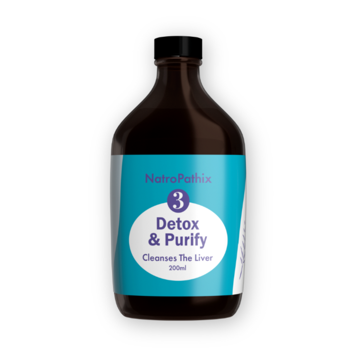 A dark bottle labeled "Detox & Purify Formula - 200ml" on a white background.