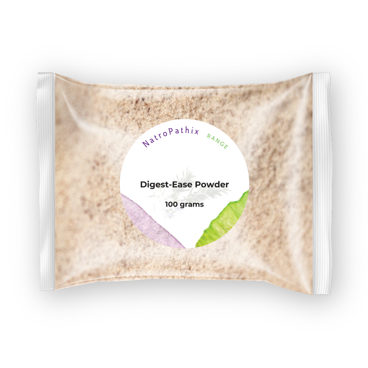 Digest-Ease Powder: Clear plastic packet labeled "Digest-Ease Powder 100 grams" with a leaf and purple accent, providing herbal digestive support for discomfort and heartburn relief.