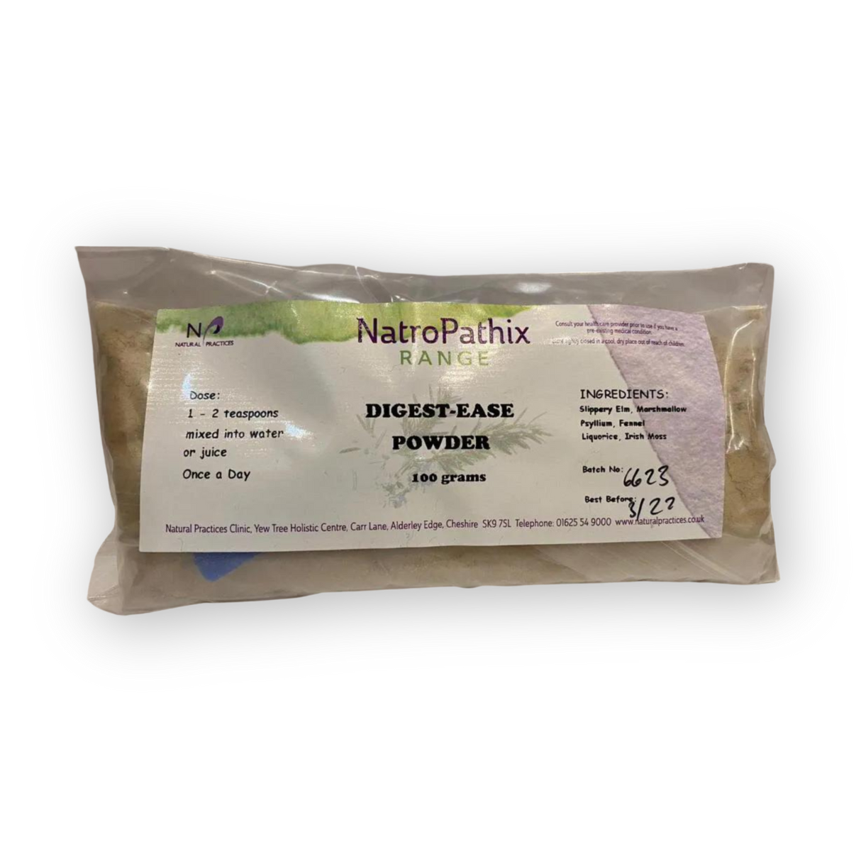 A packet of Digest-Ease Powder with dosage and ingredient details on the label, formulated to help ease digestive discomfort and provide heartburn relief.