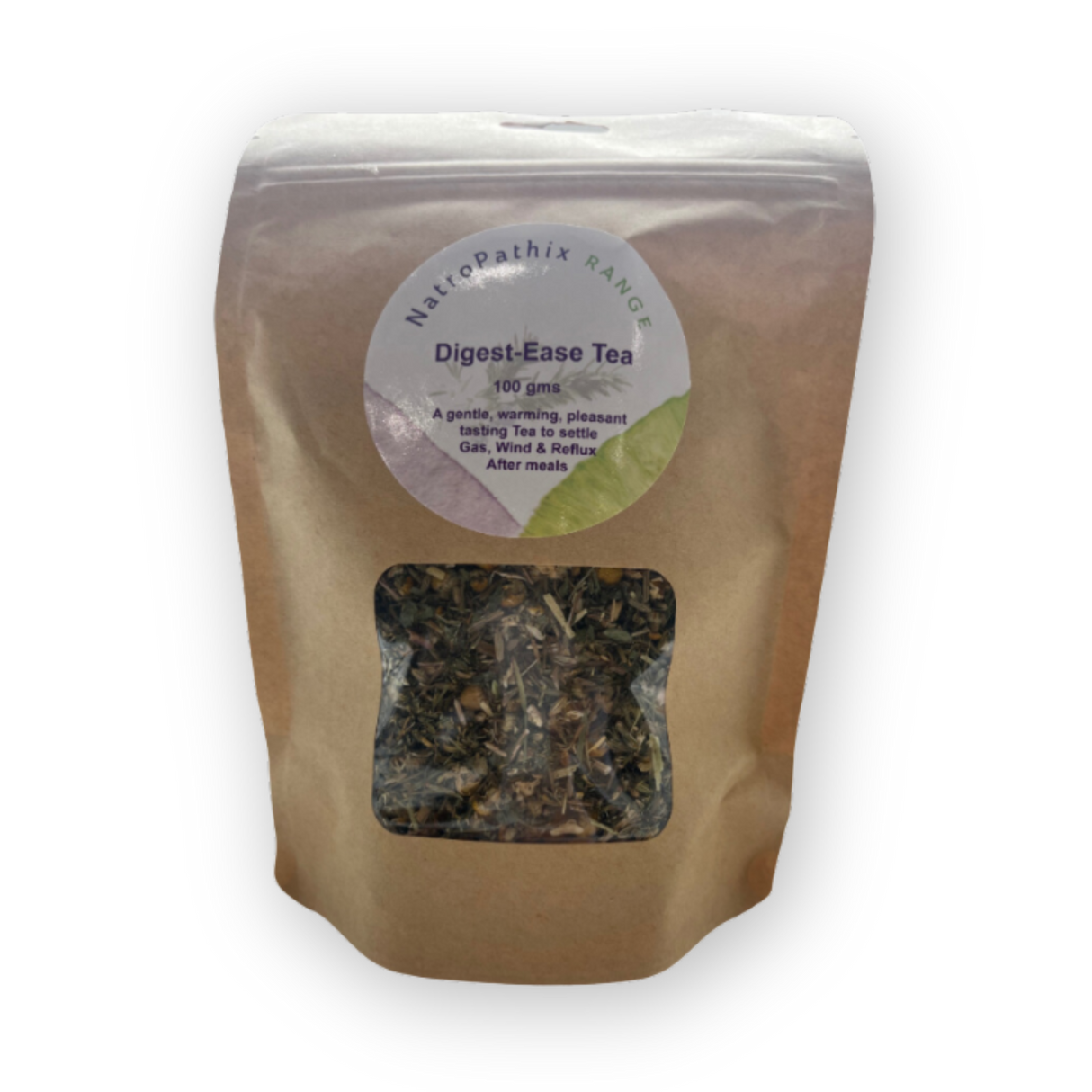 A brown pouch of Digest-Ease Tea - 100gms with a clear window displays loose natural herbs inside, ideal for soothing moments.