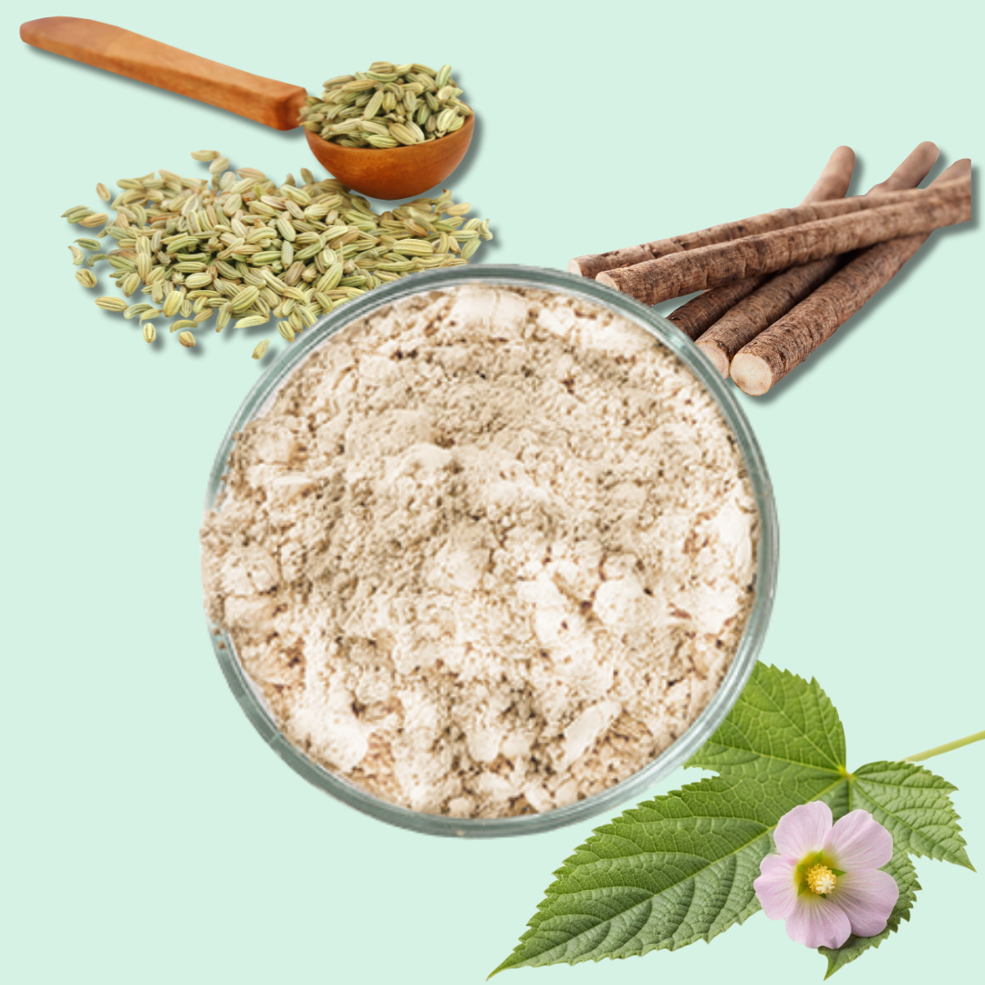 A bowl of beige Digest-Ease Powder surrounded by fennel seeds, licorice roots, and a green leaf with a pink flower—ideal for easing digestive discomfort and providing heartburn relief.