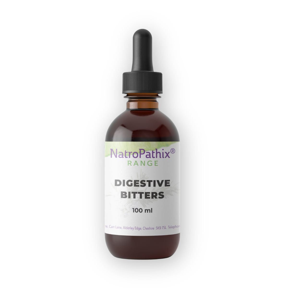 A brown glass dropper bottle labeled "Digestive Bitters - 100ml" sits on a white background—ideal for those seeking a bitter tonic to help relieve chronic indigestion.