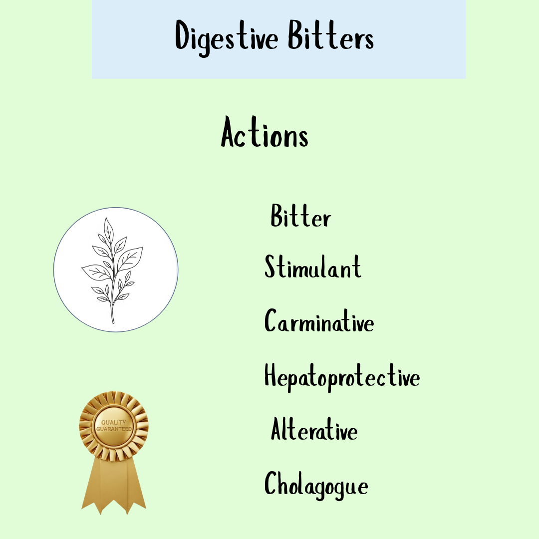 Digestive Bitters - 100ml: Features a list of benefits with a botanical illustration and gold quality award ribbon—perfect for supporting weak digestion and highlighting the classic bitter tonic’s advantages.