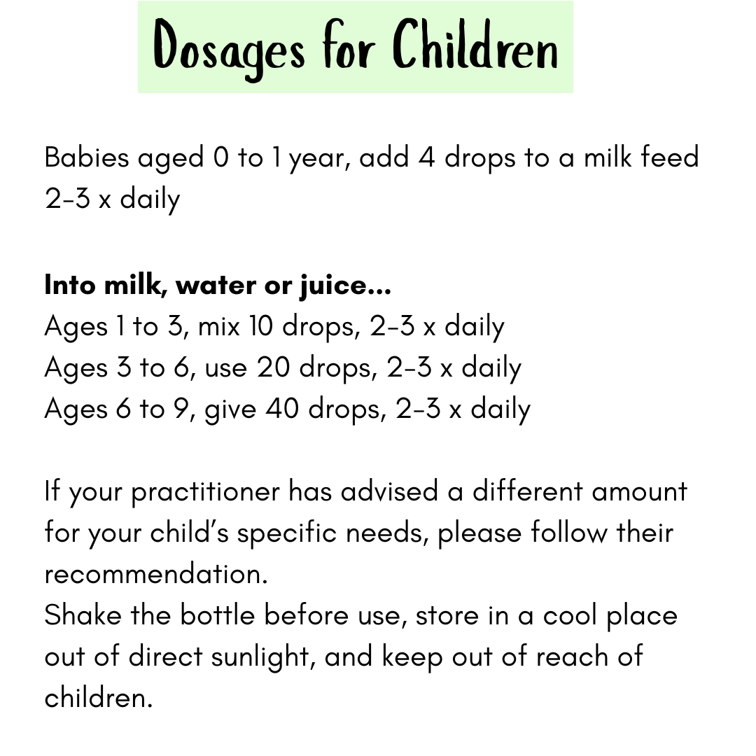 Dosage instructions for Kids Skin Relief tincture for children