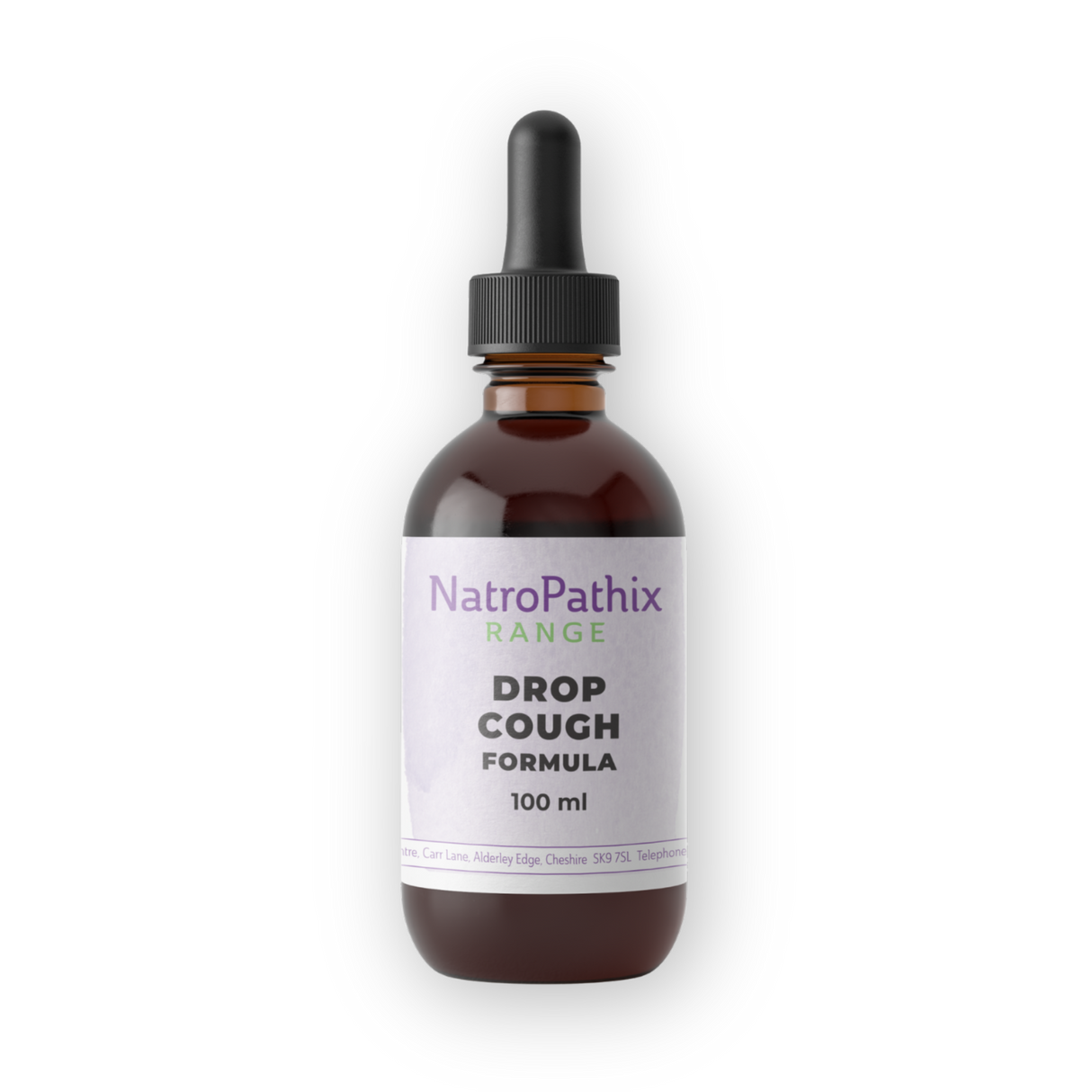 Brown glass dropper bottle labeled "Drop Cough Tincture - 100ml" on a white background, formulated to help relieve coughs and support decongestion.
