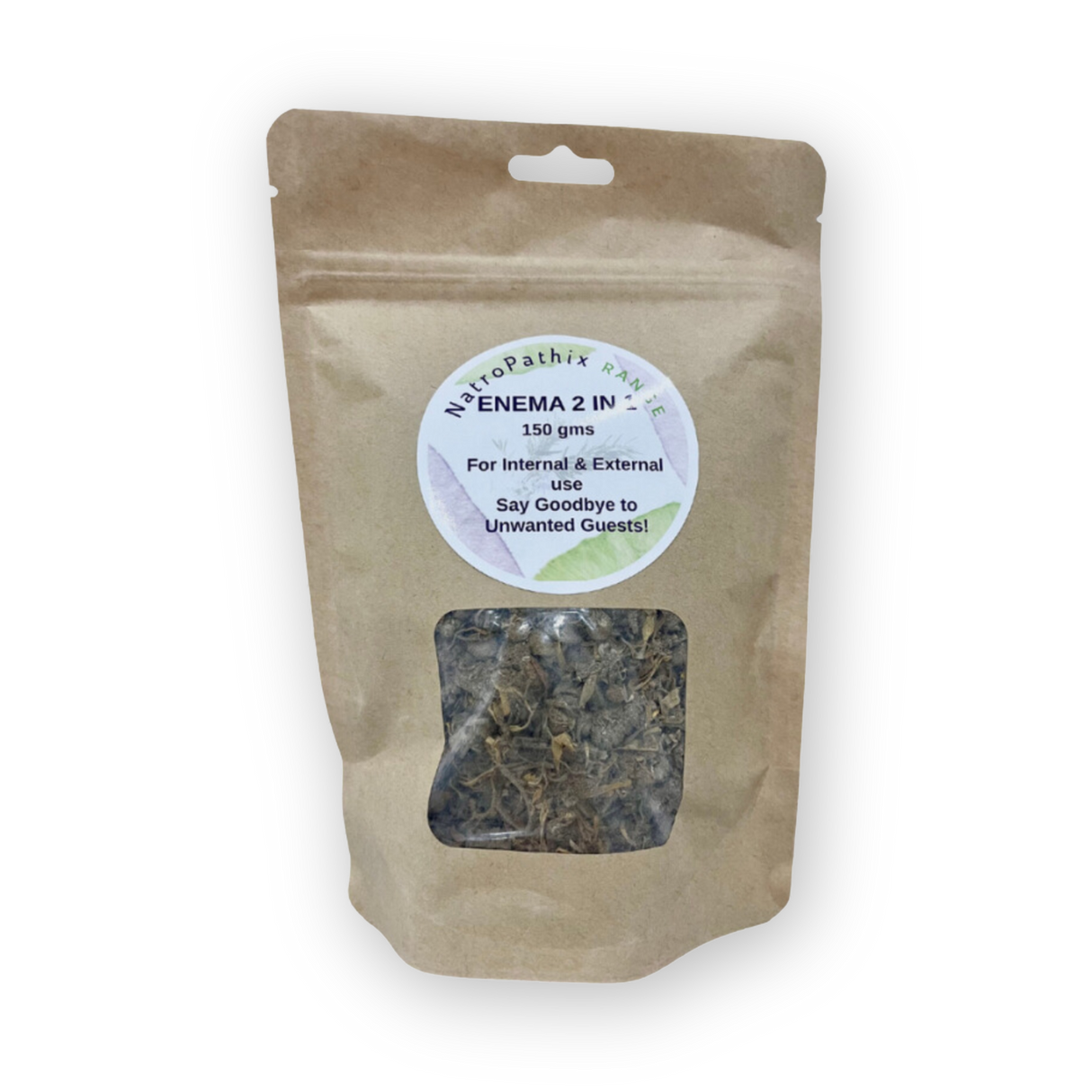 Enema 2-1 Tea - 150gms comes in a brown resealable pouch and contains dried herbs for use as a herbal tea for parasite cleansing or enema. Instructions for both internal and external applications are included to help flush out worms.