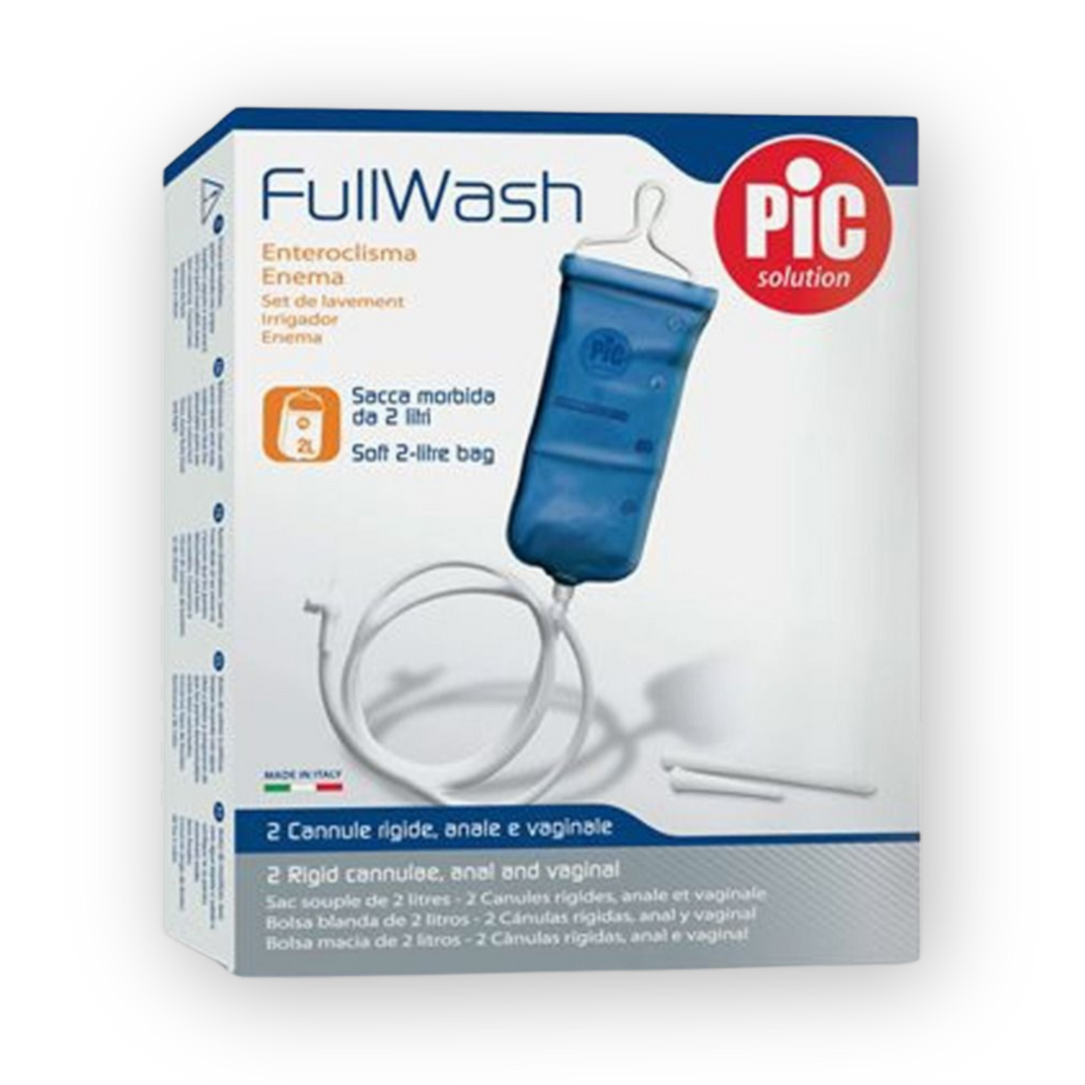 Blue and white box of Enema Kit - Vaginal / Anal Cleansing with 2-litre bag and tubing for rectal enema or vaginal cleansing, displayed on the front.