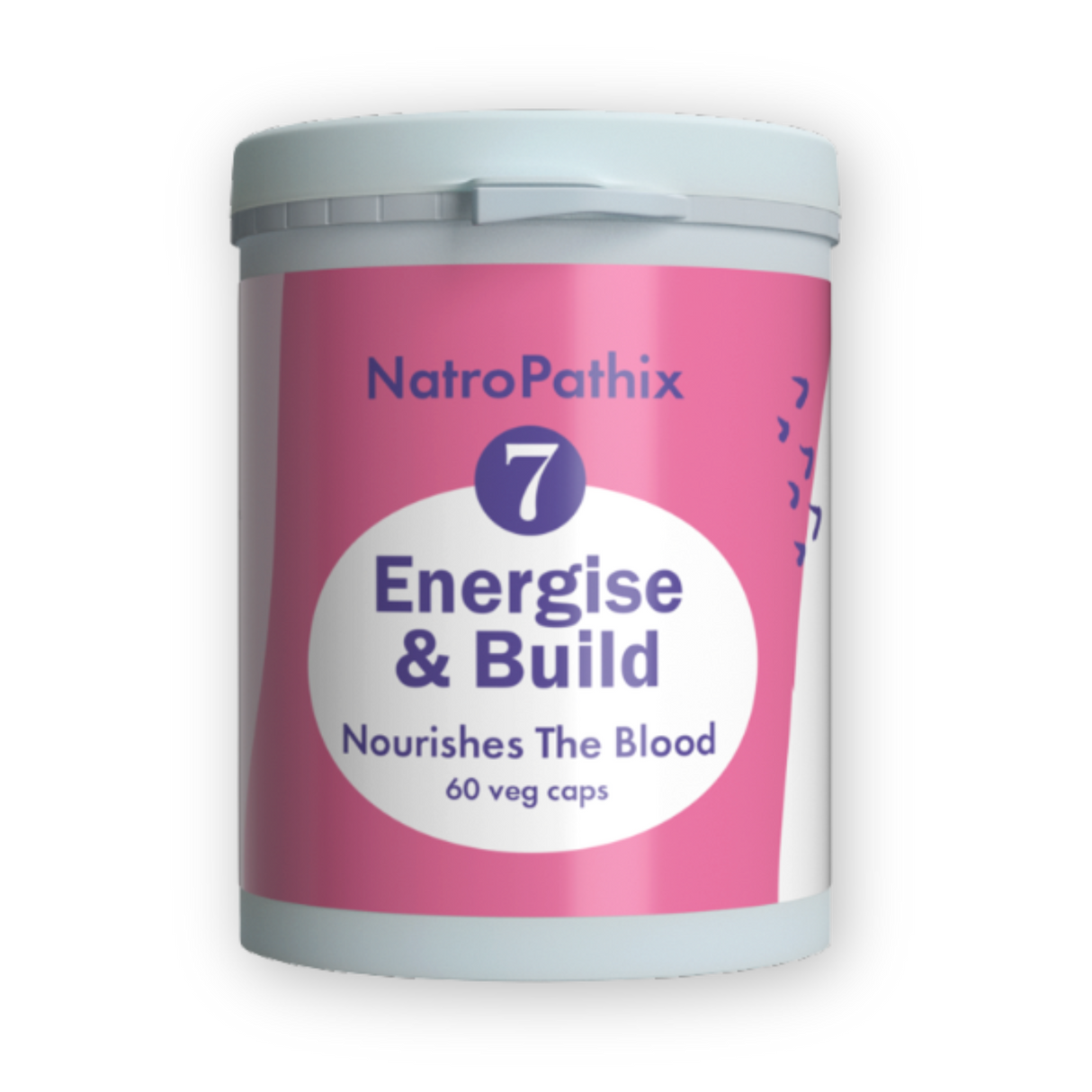 A pink container with a white lid, perfect for storing your Energise & Build - 60 caps to support healthy circulation and energy levels.