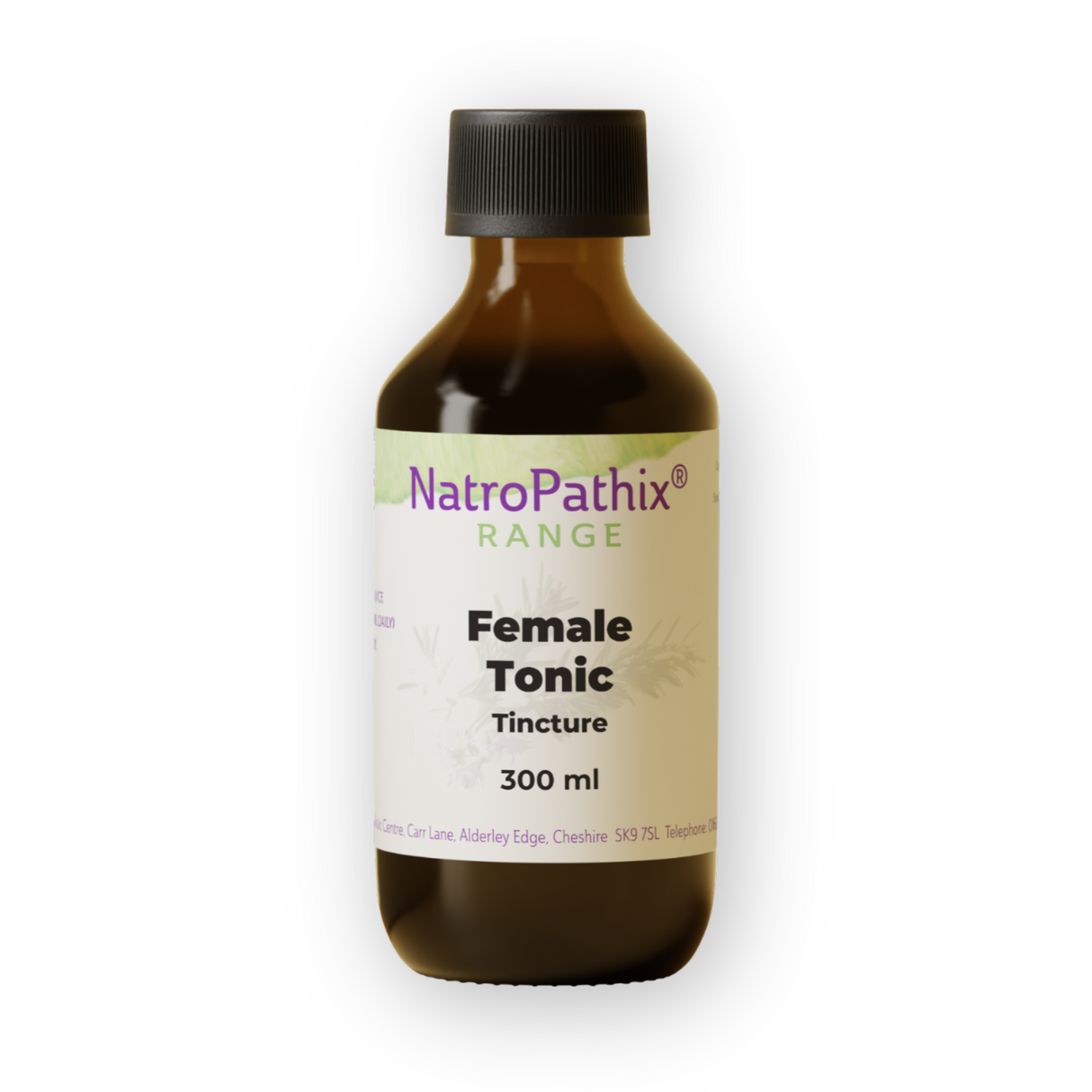 A brown bottle labeled "Female Tonic - 200/300ml" with a black cap, designed for gentle hormonal support and period regulation.