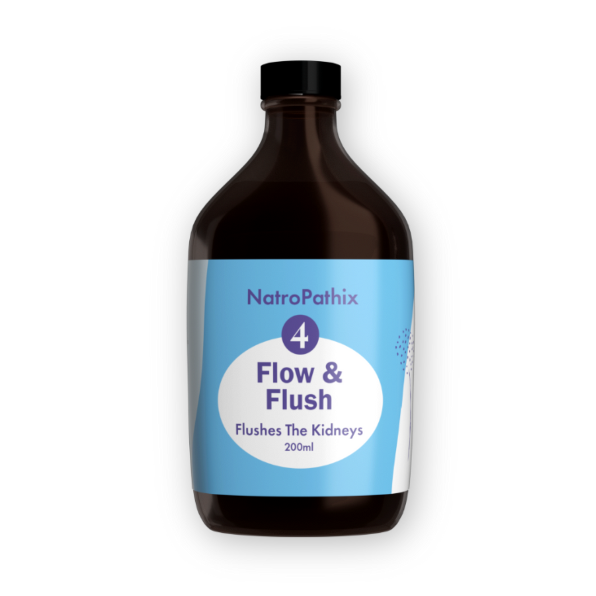 A brown bottle labeled "Flow & Flush Formula - 200ml" on a light background.