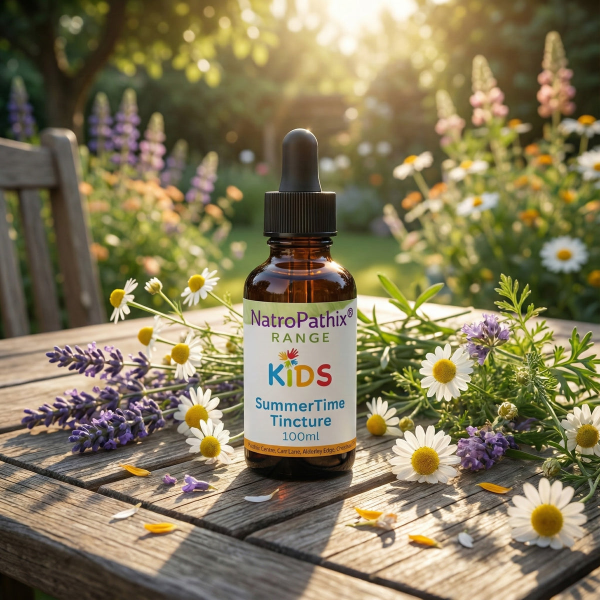 Kids SummerTime Tincture surrounded by flowers in garden