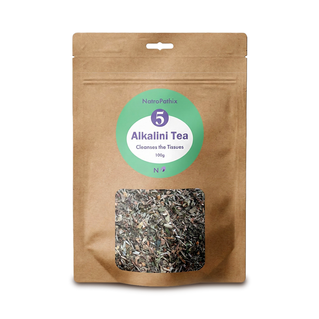 A brown resealable bag labeled "AlkaliniTea - 100gms" with dried tea leaves visible through a clear window, featuring a diuretic herbal blend to help support pH balance.