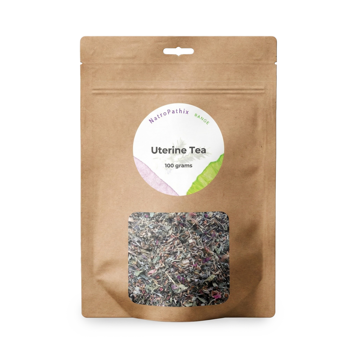 Brown resealable bag labeled "Uterine Tea - 100gms" features a clear window displaying loose herbal tea, carefully blended to support uterine health and women’s wellness.