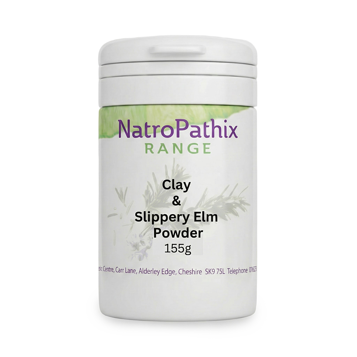 A white container labeled "Clay & Slippery Elm Powder 155g" is shown on a plain background, formulated as an intestinal purifier to support gastro-intestinal tract cleanse and detox.