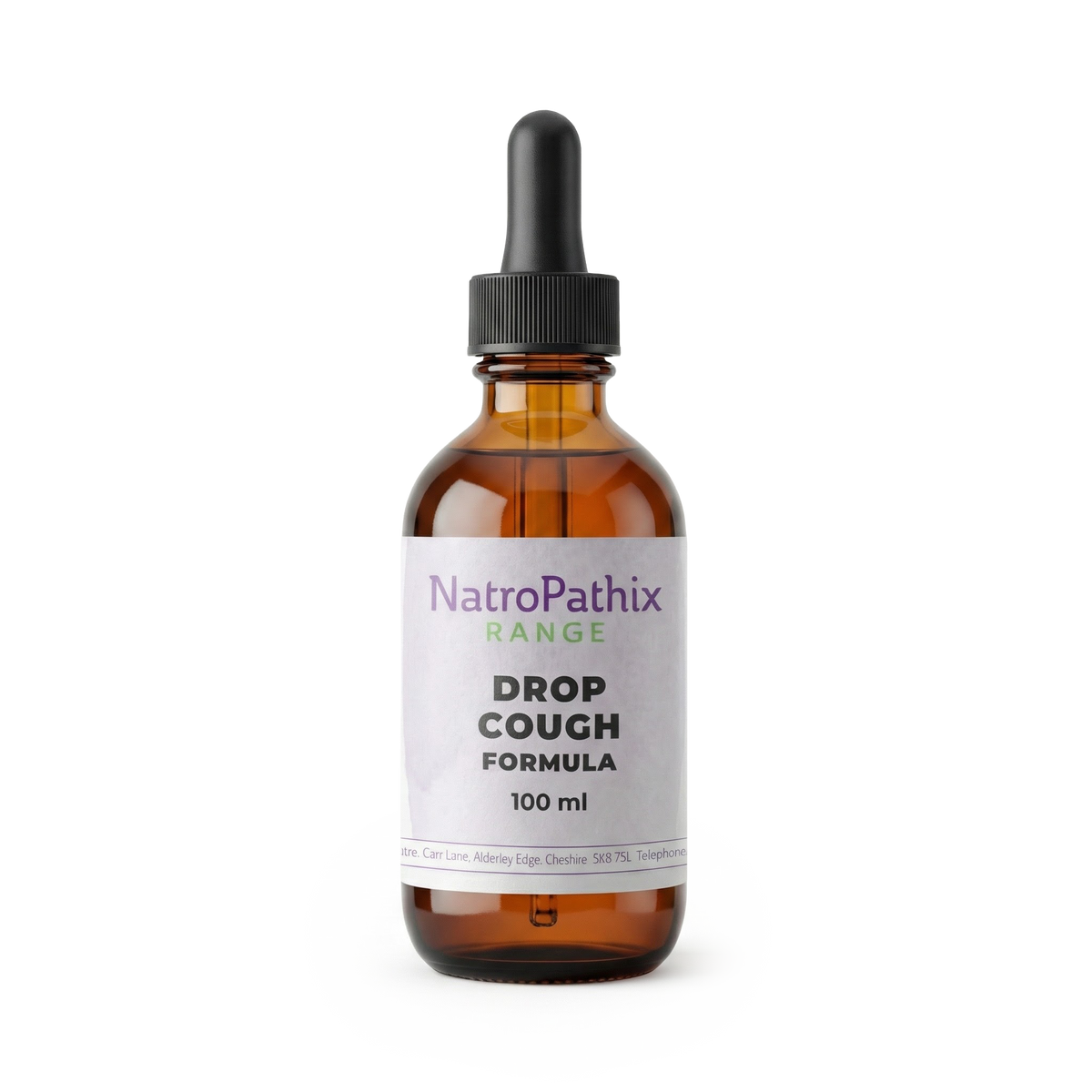 Amber glass dropper bottle labeled "Drop Cough Tincture - 100ml" on a white background, formulated to help relieve coughs with its natural, decongesting ingredients.