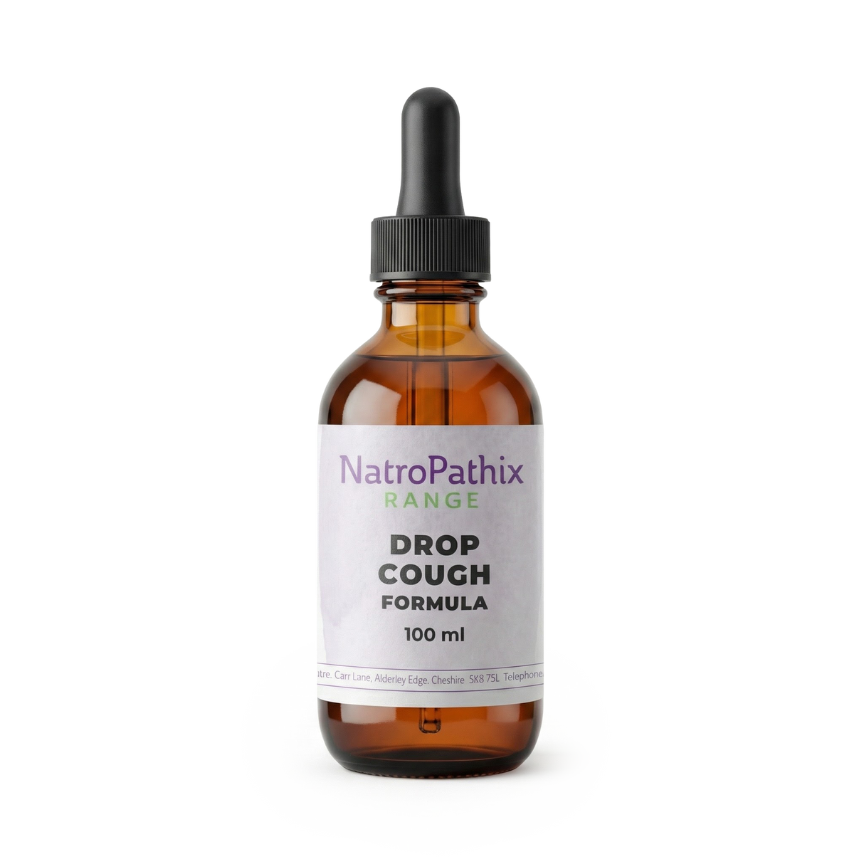Amber glass dropper bottle labeled "Drop Cough Tincture - 100ml" on a white background, formulated to help relieve coughs with its natural, decongesting ingredients.