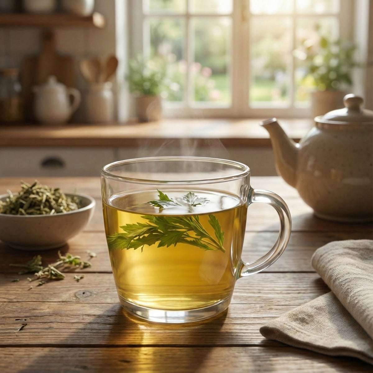 A glass mug of Birthing Tea - 100 gms with fresh leaves sits on a wooden table, teapot and herbs in the background—an ideal uterine tonic to help prepare for birth.