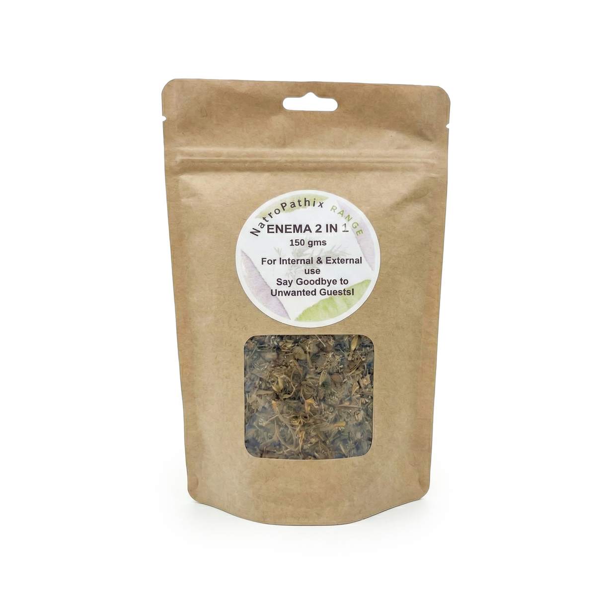 Enema 2-1 Tea - 150gms comes in a brown resealable pouch with a dried herbal blend, ideal as a herbal tea for natural parasite cleansing and worm elimination.