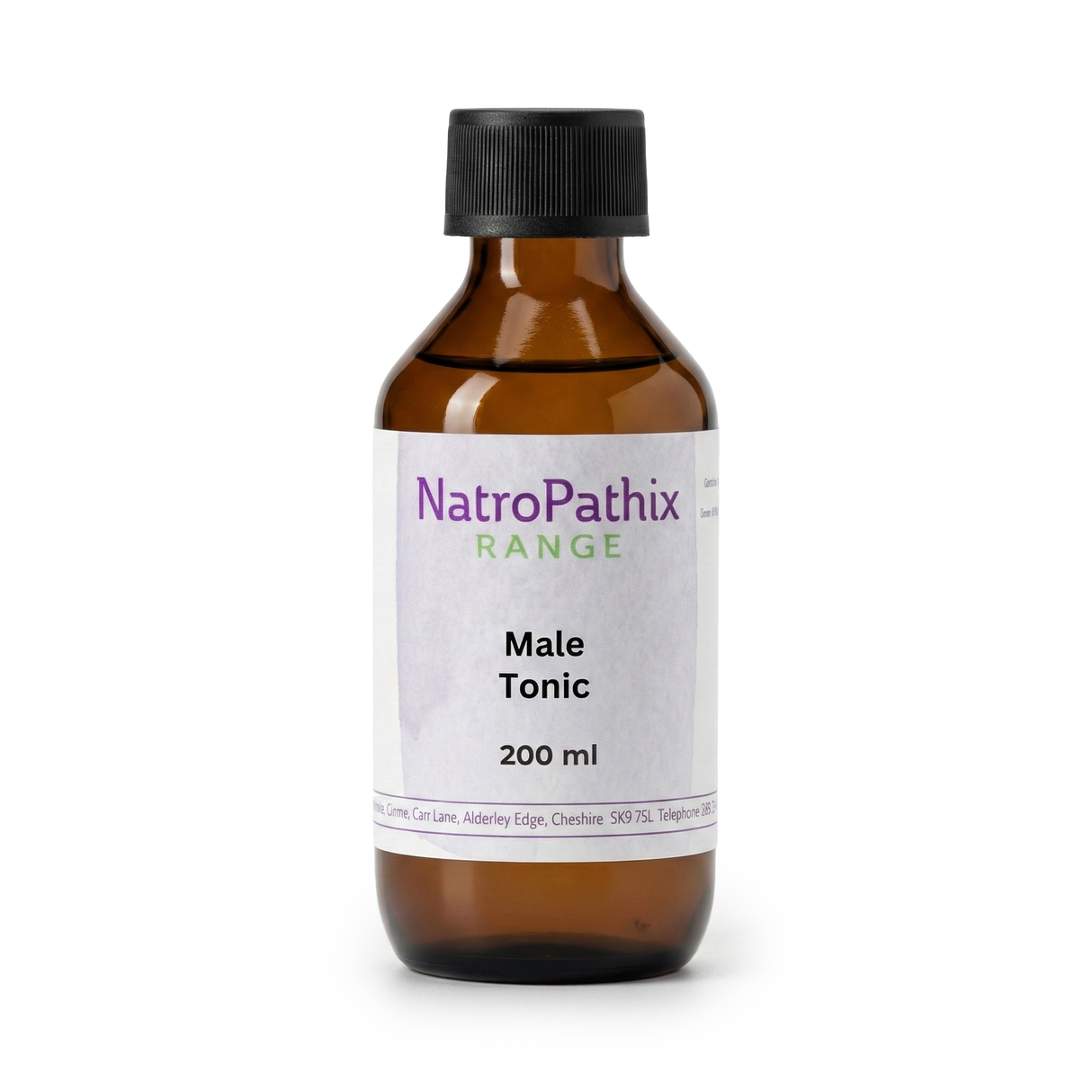 A brown bottle of Male Tonic (200/300ml) with a white label, designed to support prostate health.