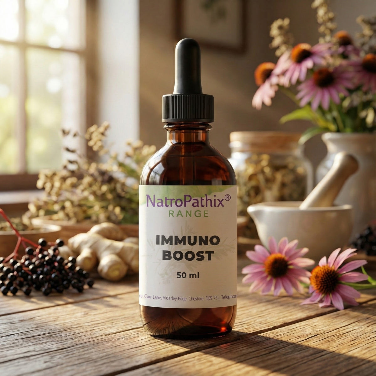 A 50ml Immuno-Boost Tincture bottle sits on a table alongside echinacea, herbs, flowers, and a mortar and pestle—ideal for natural immune support.
