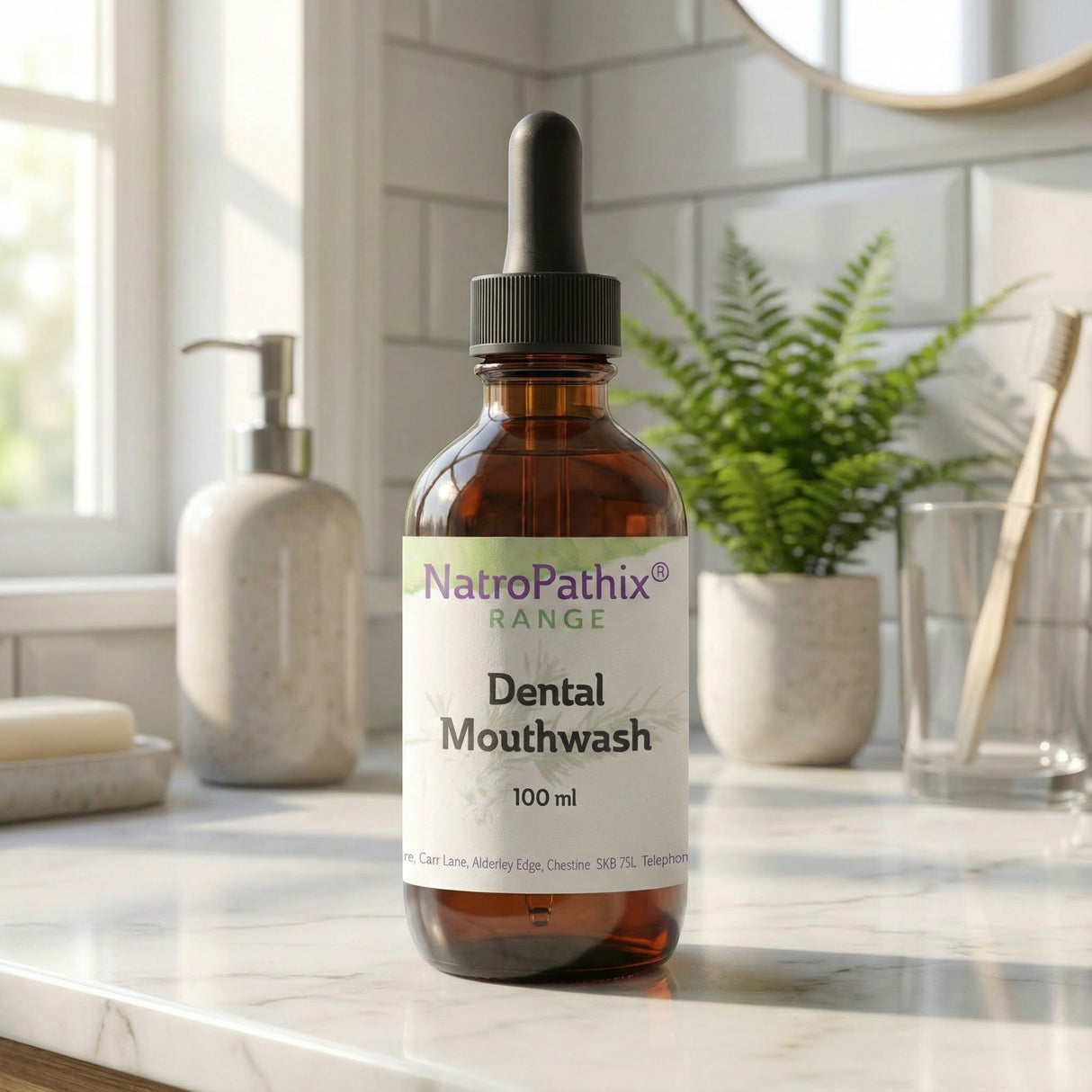 A 100 ml bottle of Dental Mouthwash with a dropper sits on the bathroom counter, emphasizing a dedication to natural oral health.